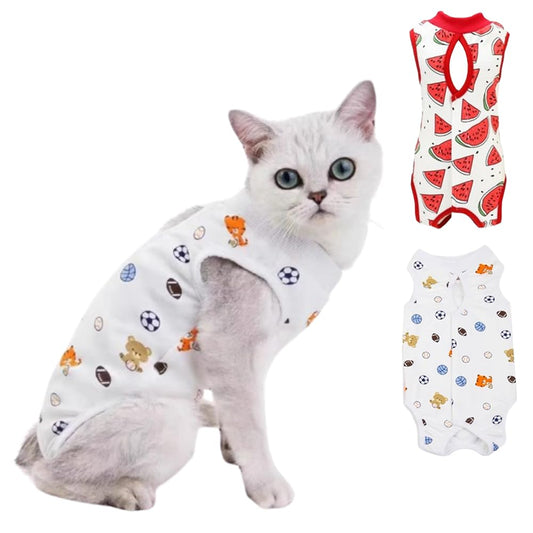 CELONROMF 2-Pack Pet Post-Surgery Recovery Suit for Cats Dogs, Abdominal Wound Protector Anti-Licking, Soft Breathable Onesie with Adjustable Fit, Small Pets Universal Tee(Medium, Watermelon,Football)