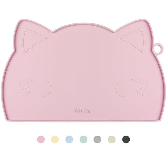 Coomazy Cat Food & Water Mat, Thicker Non-Slip Silicone Mat with Raised Edge (Pink, Medium)