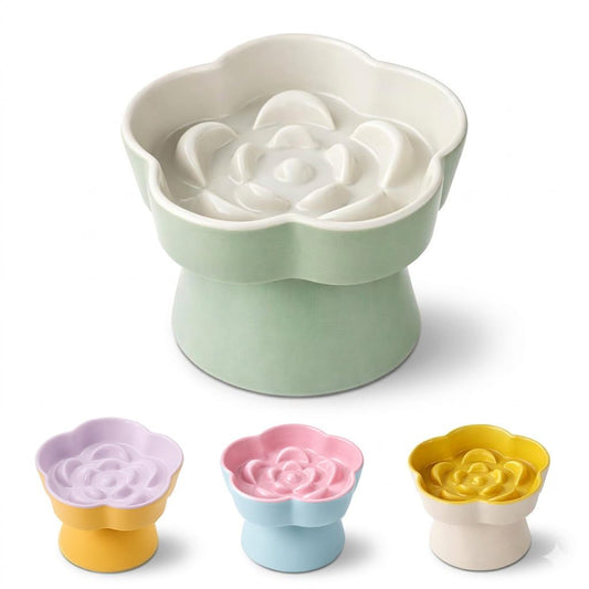 FOCPB Ceramic Elevated Slow Feeder Cat Bowl, Raised and Gently Tilted Feeding Dish with Maze Design, Whisker-Friendly, Easy to Clean, for Indoor Cats and Small Dogs (Green/Ivory)