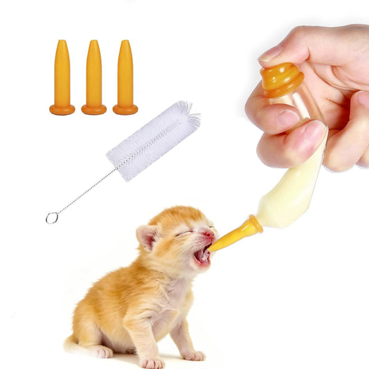 LogFaadCoi Glass Banana-Shaped Pet Feeding Bottle | Adjustable Flow Nipples 1-2-3 Holes + Press Valve | Includes 3 Nipples & Cleaning Brush | Leak-Proof, Easy-to-Grip Kit for Kittens & Puppies