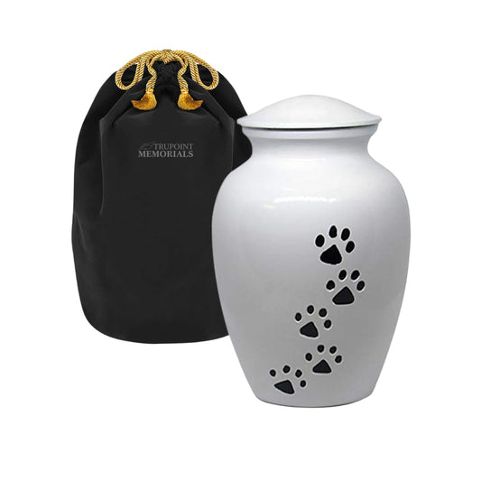 Trupoint Memorials Small Pet Urn for Dogs and Cats Ashes, Paws Print White Cremation Urns for Pets up to 17 lbs