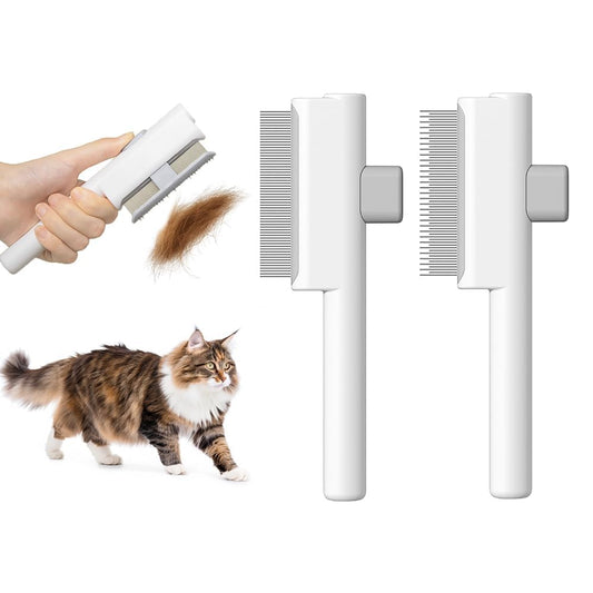Marchul 2 Pack Self-Cleaning Pet Grooming Comb Set, Cat & Dog Flea Brush with One-Click Release Button, Stainless Steel Round Teeth Comb for Removing Tangles, Loose Fur and Shed Hair, White