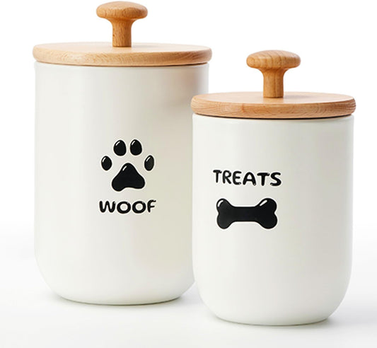 OTTENON Dog Treat Container Set of 2, Dog treat jar with Airtight Lid, Small dog food container, Dog Cookie Jar for kitchen Counter, Treats Canister, Pet Treat Container 8.3x4.9 & 7.1x4.3 (White)