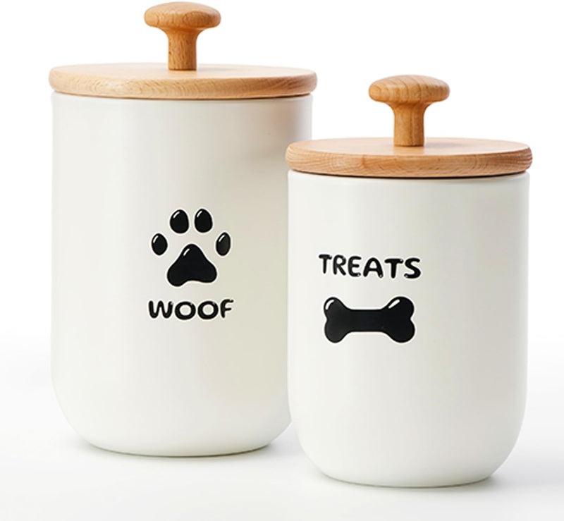 OTTENON Dog Treat Container Set of 2, Dog treat jar with Airtight Lid, Small dog food container, Dog Cookie Jar for kitchen Counter, Treats Canister, Pet Treat Container 8.3x4.9 & 7.1x4.3 (White)