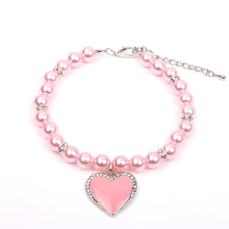 XKSRWE Dog Cat Pearls Necklace Collar with Rhinestones Heart Charm Pendant Pet Puppy Jewelry (Medium, Pink)