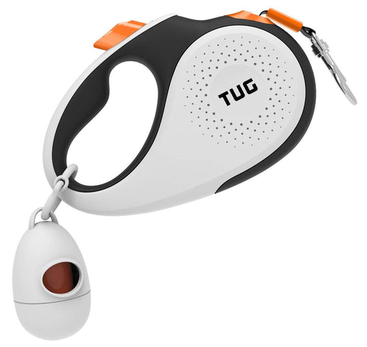 TUG 360° Tangle-Free Retractable Dog Leash with Waste Bag Dispenser (Small, White/Orange)