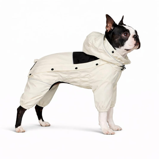 LOVELONGLONG Waterproof Dog Raincoat with Removable Hood – Outdoor Full Body Dog Jacket, Windproof Snowproof Shell Suit – All Season Pet Rain Gear Ivory L