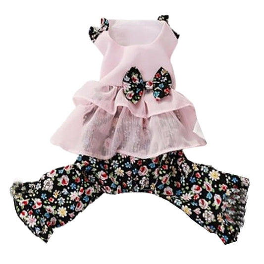 CELONROMF Vintage Floral Bowknot Sleeveless Romper for Small Dogs Cats Rabbits, Breathable Cotton Ruffle Flared Pants, Teacup to Small-Medium Pets for Walk Photo Vacation (Pink-Floral, Small)