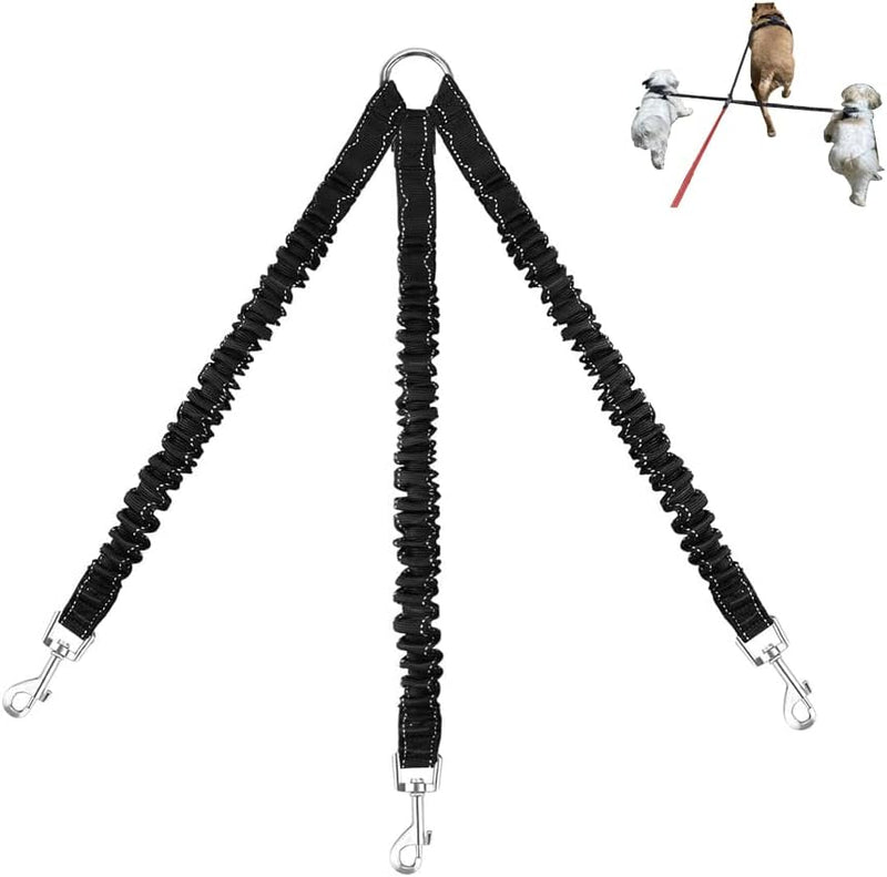 3 Way Dog Leash Coupler Heavy Duty No Pull Multiple Double Tangle Free Trio Nylon Bungee Cord Stretchy Sturdy Pups Lead 