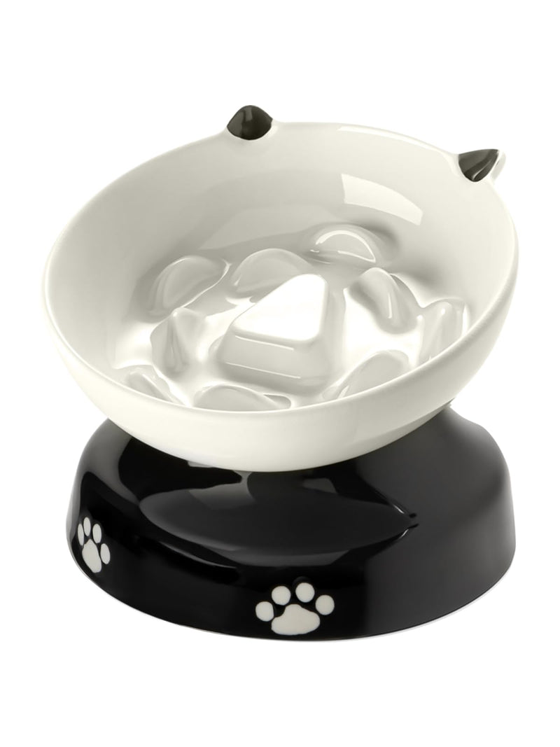 Y YHY Ceramic Cat Slow Feeder, Elevated Dog Food Bowl Tilted Design, Slow Feeder Bowl no Black Chin, Cat Shape for Dry and Wet Food