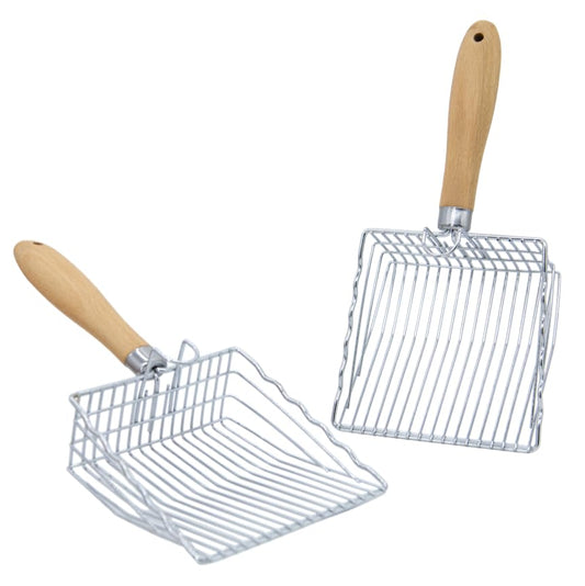 Epargnaro 2 Pack Metal Cat Litter Scoops, Heavy-Duty Kitty Scooper with Hook, Stainless Steel Kitten Poop Lifter for Litter Box, Speed Sifter with Comfortable Beech Wood Grip