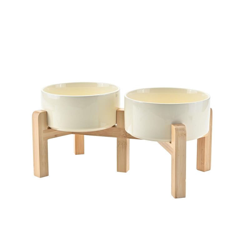 SPUNKYJUNKY Elevated Dog Bowls Ceramic, 6.1'' Dogs and Cat Food Water Bowls Raised with Non-Slip Bamboo Stand for Medium Sized Breed Microwave Dishwasher Safe - 28.7 OZ,Beige