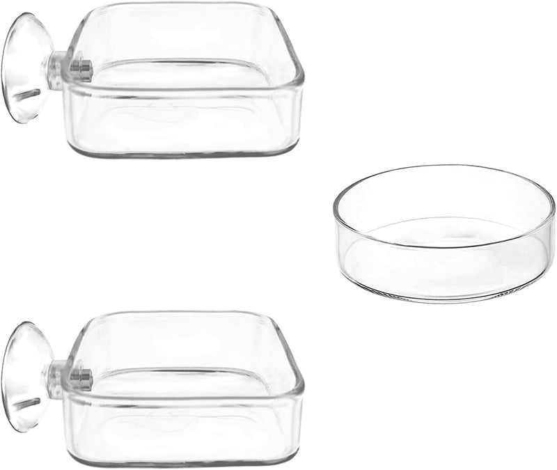 Aquarium Shrimp Feeder Dish Glass Fish Tank Feeding Bowls, 2pcs Square Glass Food Bowl (60mm), 1pcs Round Fish Feeding B