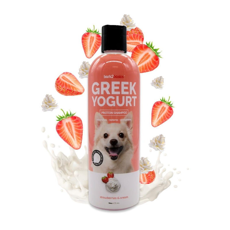 Bark2Basics Strawberries & Cream Greek Yogurt Protein Rich Dog Shampoo, 16 oz - Natural Ingredients, Protein Rich, Super Moisturizing and Hydrating, Repairs Damaged Dry Itchy Hair