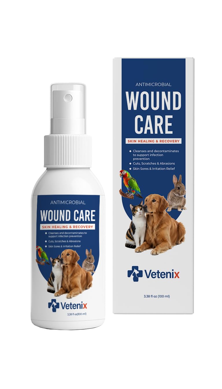 Vetenix Dog Wound Care Spray | Healing Aid and Skin Repair, Clean Wounds, Relieve Dog Skin Allergies, Safe for All Animals. 3.38 Ounces