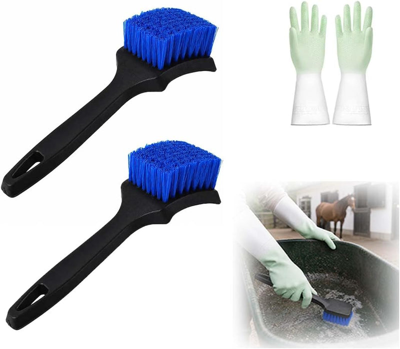 2 Pack Livestock Trough Cleaning Brushes with Protective Gloves, Heavy Duty Plastic Scrub Brush with Non-Slip Handle, Co