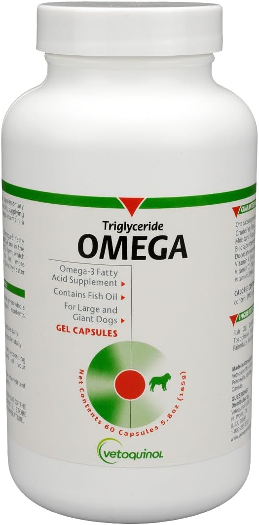 Vetoquinol Triglyceride Omega - Fish Oil for Dogs & Cats - Supports Healthy Skin, Coat & Normal Immune Response - Supplement with Vitamin Blend for Heart, Eye, Bone & Muscle Support - 60 Capsules