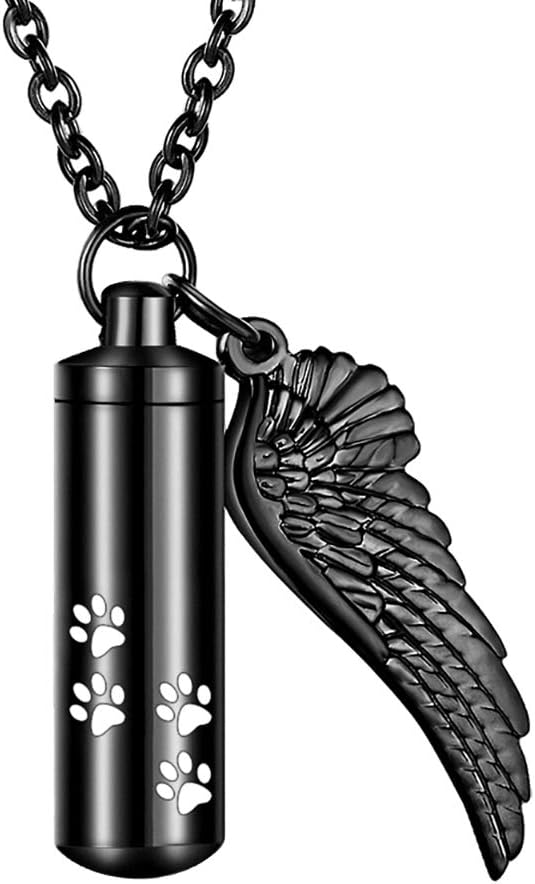 abooxiu Cylinder Cremation Necklace for Pet Ashes With Angel Wing Paw - Urn Necklace for Dog/Cat Memorial Keepsake Jewel
