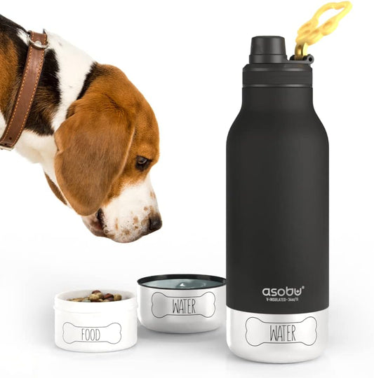 asobu Dog Barky Bottle – Insulated Stainless Steel Water Bottle with 2 Removable Dog Bowls for Food, Treats & Water – Pet-Friendly Travel Bottle for Hiking, Roa