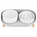 Elevated Slow Feeder Dog Bowls - Ceramic Food and Water Bowl Set with Stand - Raised Pet Dishes for Small and Medium Sized Dogs