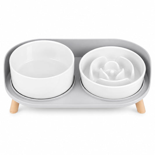 Elevated Slow Feeder Dog Bowls - Ceramic Food and Water Bowl Set with Stand - Raised Pet Dishes for Small and Medium Sized Dogs
