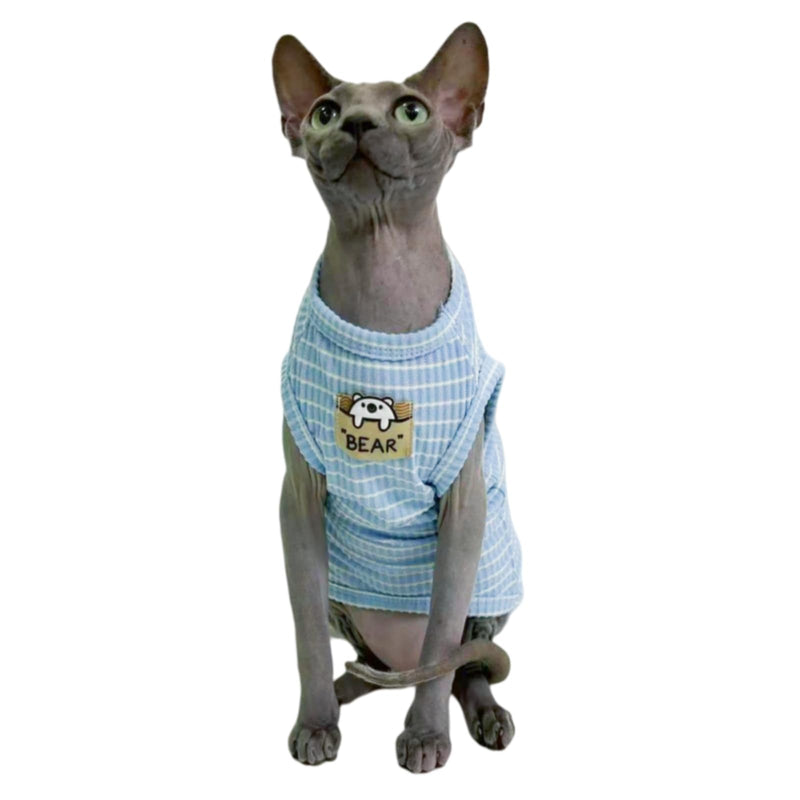 Sphynx Cat Clothes Vest for Hairless Cat, Rib Knit Stripe Cats T-Shirt Apparel, Kitten Summer Cotton Shirts Sleeveless for Cornish Rex, Devon Rex, Peterbald (Sky, L (7.5-9.4 lbs))