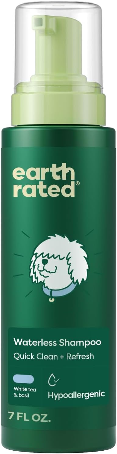 Earth Rated Waterless Dog Shampoo & Conditioner, Convenient No-Rinse Wash for Cleaning, Conditioning & Detangling, for All Coat Types, Refreshing White Tea and Basil Scent, 7 oz