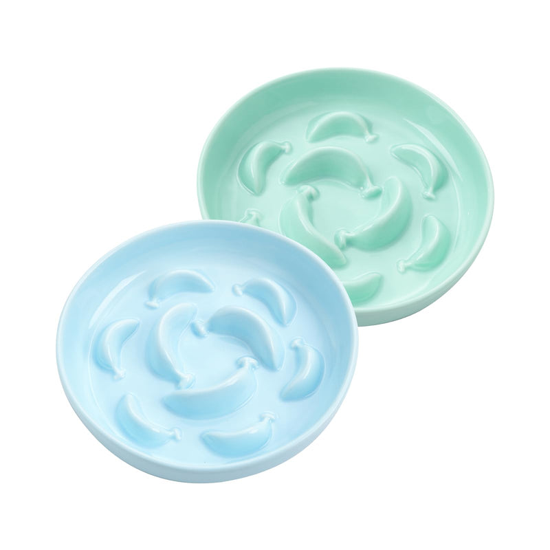 Cat Slow Feeder Bowl Set - 2 Pcs Ceramic Cat Food Plates for Slow Eating - Double Cat Dish for Dry Wet Food - Slow Feeding Cat Bowls Whisker Friendly - Microwave and Dishwasher Safe - Blue and Green