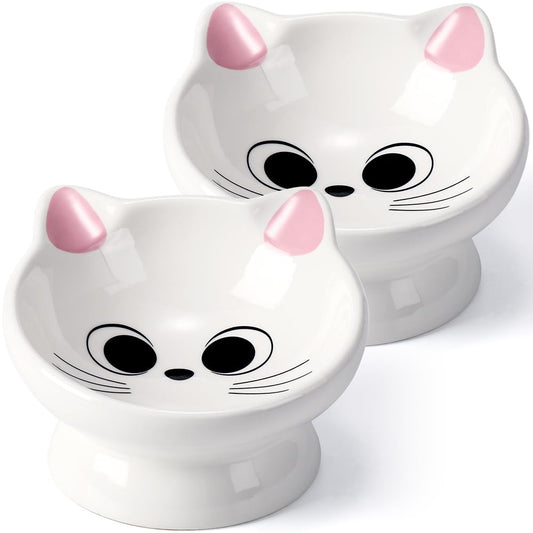 2Pcs Raised Cat Food Bowl Ceramic 15° Tilted Cat Food Bowls Protect Cat's Spine Anti Vomiting Backflow Prevention Bowls for Adult, Kitten, and Small Dogs, Pink