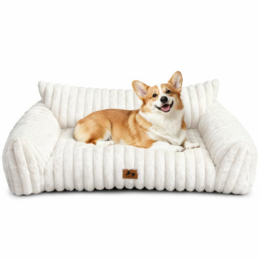 Warmrest Dog Couch for Pets, Cute Small Dog Bed Medium Size Dogs with Cozy Soft Faux Rabbit Fur for Small & Medium Dogs, Supportive Pet Sofa with Removable Washable Cover, Cream, 36"