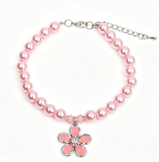 XKSRWE Dog Cat Pearls Collar Necklace with Rhinestones Flower Charm Pendant Pet Puppy Jewelry Accessory (Pink, Medium)