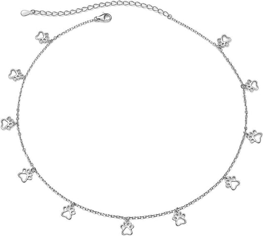 S925 Sterling Silver Puppy Dog Cat Pet Paw Print Choker Disc Chain Statement Pendant Necklace Jewelry for Women 13+3 inches