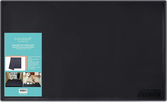 Finorder 34"x 21" 100% Silicone Pet Feeding Mat, Higher Raised Edges and Slip Resistant Pet Food and Water Bowl Mat, Waterproof Pet Food Placemat Silicone Tray, Dishwasher Safe (Black)
