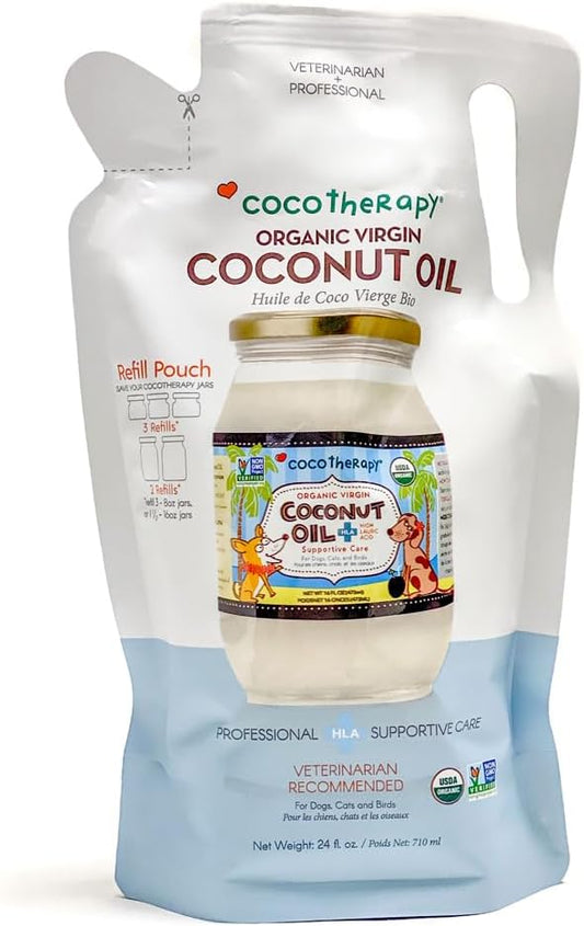 CocoTherapy USDA Organic Virgin Coconut Oil Refill Pouch, 24 Fluid Ounces, Veterinarian Recommended for Dogs, Cats and B