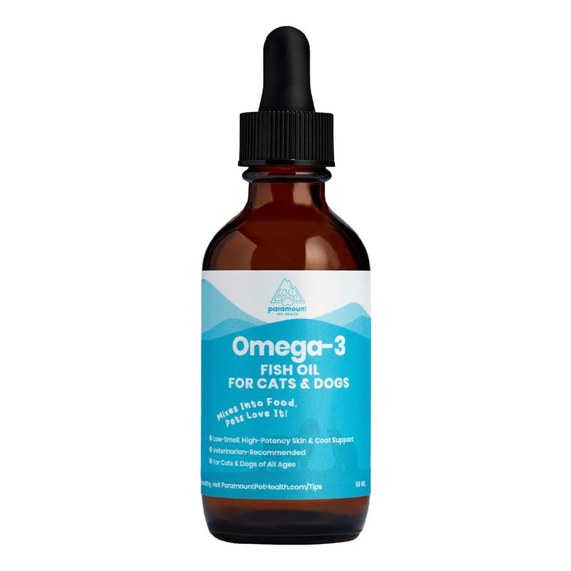 Paramount Pet Health Wild-Caught Omega 3 Fish Oil for Dogs & Cats, Liquid EPA DHA Supplement for Skin, Coat, Joints & Heart, Low-Odor Omega 3 Drops for Small Dog Breeds & Cats with Itchy Skin, 2 oz