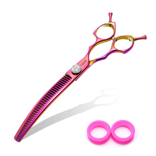 FOGOSP Professional Curved Chunkers Shears Dog Grooming 7.5'' Rainbow Curved Thinning Scissors for Large Dogs, 35 Teeth, Japan 440C Stainless Steel, Purple