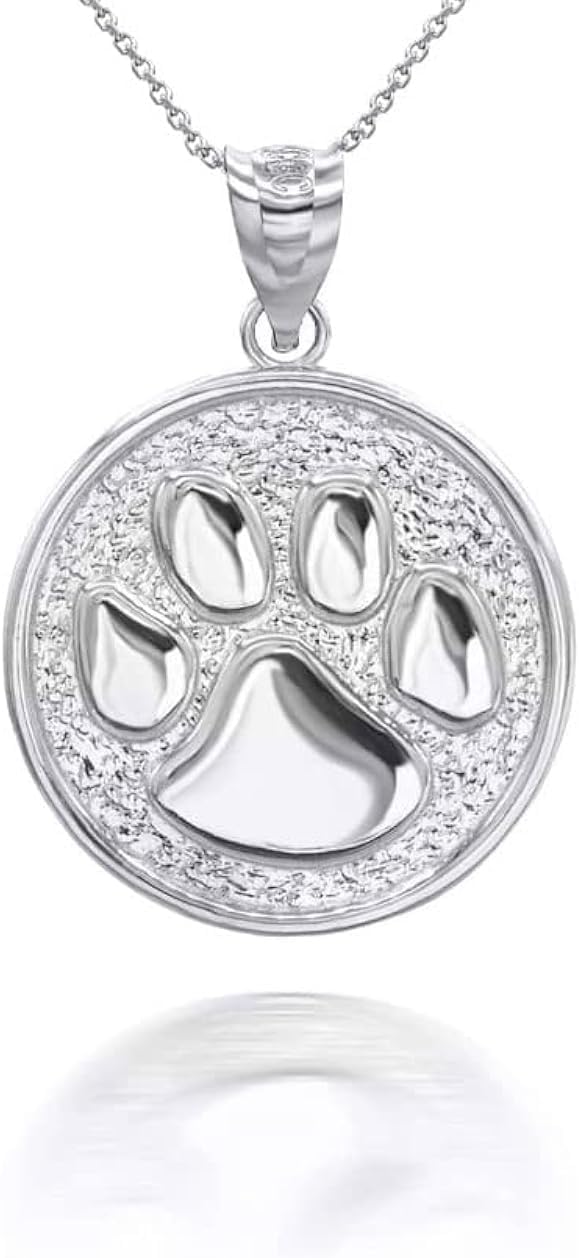 Claddagh Gold Solid .925 Sterling Silver Puppy Dog Cat Pet Paw Print Round Coin Medal Pendant Necklace - Choice of Penda