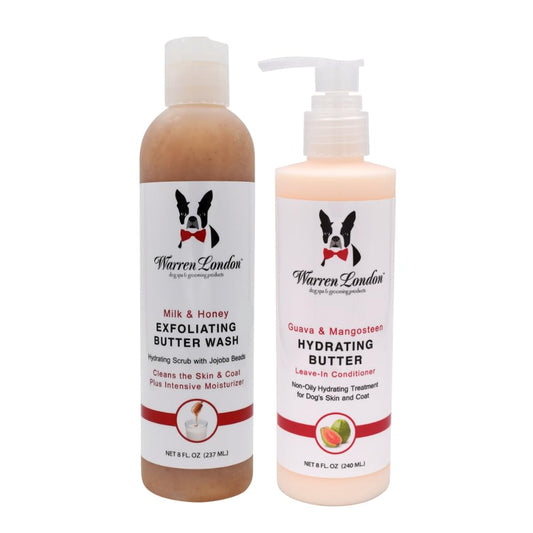 Warren London 8oz Butter Combo - Premium Dog Shampoo & Conditioner - Exfoliating Wash with Fragrant Leave in Conditioner - Detangler and Coat Moisturizer - Milk & Honey w/Guava & Mango