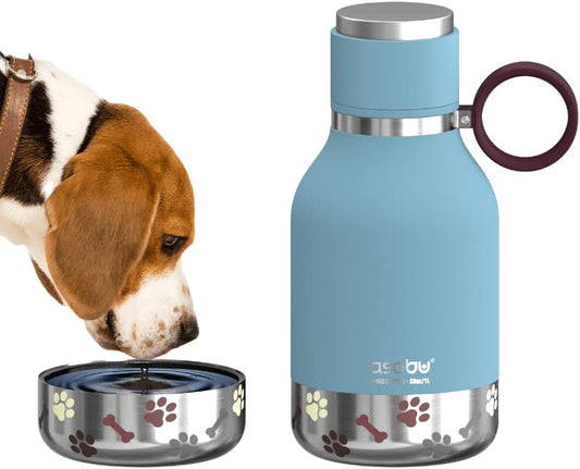 Asobu Buddy Bottle a Stainless Steel Insulated Water Bottle for with Removable Dog Water Bowl and Dog Food and Treat Storage Bowl (Blue, 37 Oz Water Bottle with Bowl)