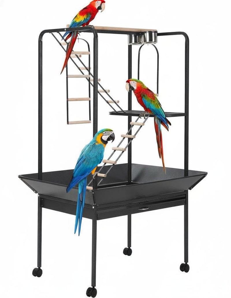 Garvee 64'' H Inch Birdcage Stand Play Center with Perches and Ladders, Indoor Outdoor Playground for Birds, Bird Playstand w/Rotated Ring Removable Tray, Lockable Caster, for Macaw and Parakeet
