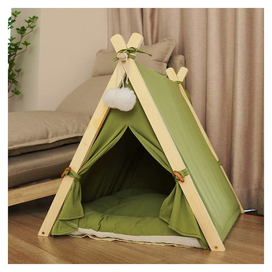 Solid Wood Cat Indoor Tent with Thick Mat,Portable Dog House Dog Teepee Tent,Cute Cat Teepee Cave Cat Bed,Dog Bed (Green)