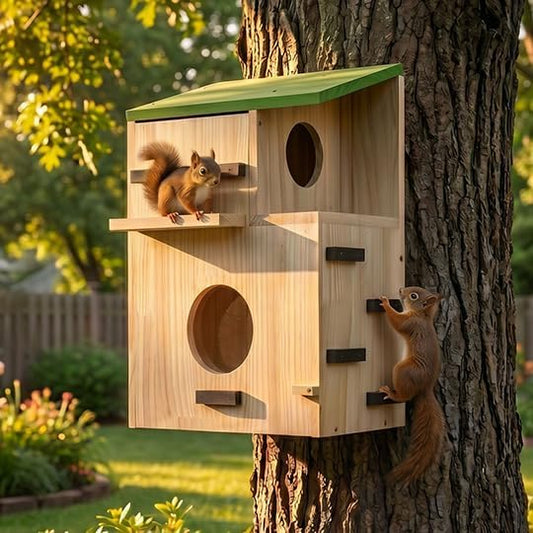 Large Squirrel Houses for Outside, Squirrels Nesting Box with Platform, Solid Wood Squirrel Box, Backyard Squirrel House