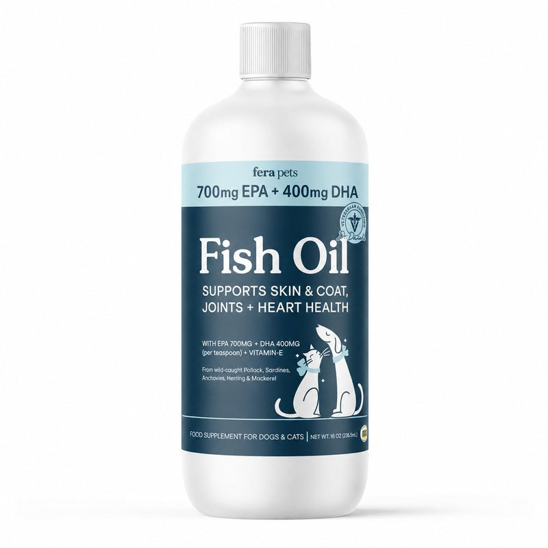 Fera Pets Fish Oil - Omega 3 for Dogs & Cats to Support Joints, Heart, Skin and Coat Health - Non GMO with Vitamin E - 16 oz