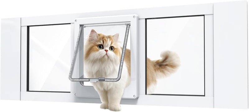 Cat Door for Window, Aluminum Cat Door Window Insert with 4 Secure Lock Modes, Magnectic Closure for Cats, Fit Window Wi