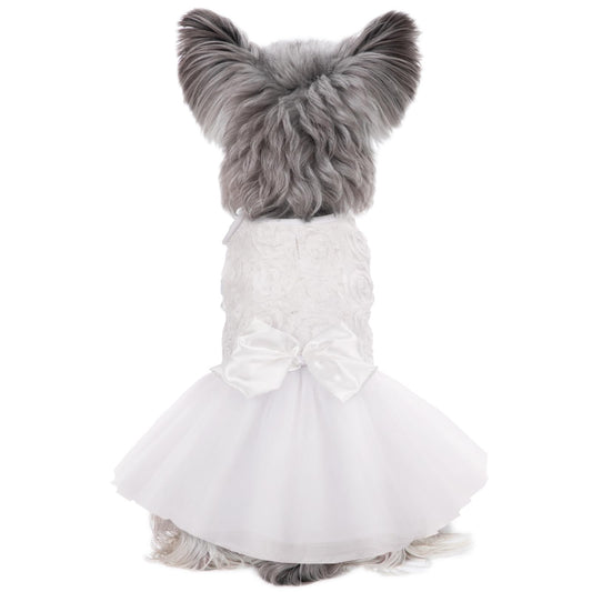 Kuoser Dog Dress Pet Wedding Dresses, Adorable Tutu Shirts for Small Medium Girl Dogs, Puppy White Princess Outfits with Luxury Lace Pearl Bow, Retro Pet Costumes for Birthday, Party, Wedding
