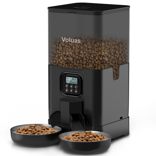 Voluas Automatic Cat Feeder for Two Cats, Double Pet Feeder with 2 Stainless Steel Bowls,6L Timed Cat Feeders with Memory Function