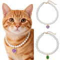 Accesyes Cat Dog Sparkle Jewelry Pearl Collar Puppy Kitten Rhinestone Pendant Adjustable Charm Necklace for Small Pets Wedding Photography 2 Pack (Purple and Emerald Green)