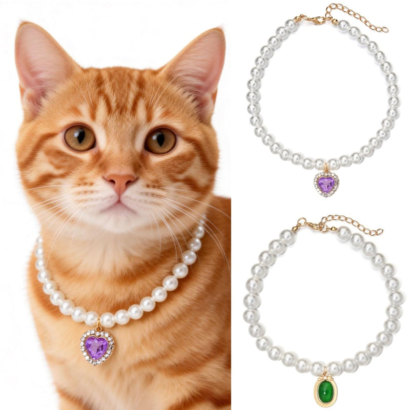 Accesyes Cat Dog Sparkle Jewelry Pearl Collar Puppy Kitten Rhinestone Pendant Adjustable Charm Necklace for Small Pets Wedding Photography 2 Pack (Purple and Emerald Green)