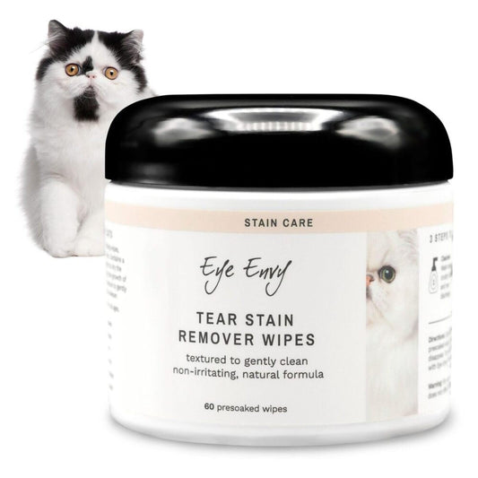 Eye Envy Tear Stain Wipes for Cats. Textured to Gently Clean Tear Stains. Natural Formula. Recommended by Persian & Exotic Breeders, Groomers. USA Made. 60 Cat Eye Wipes