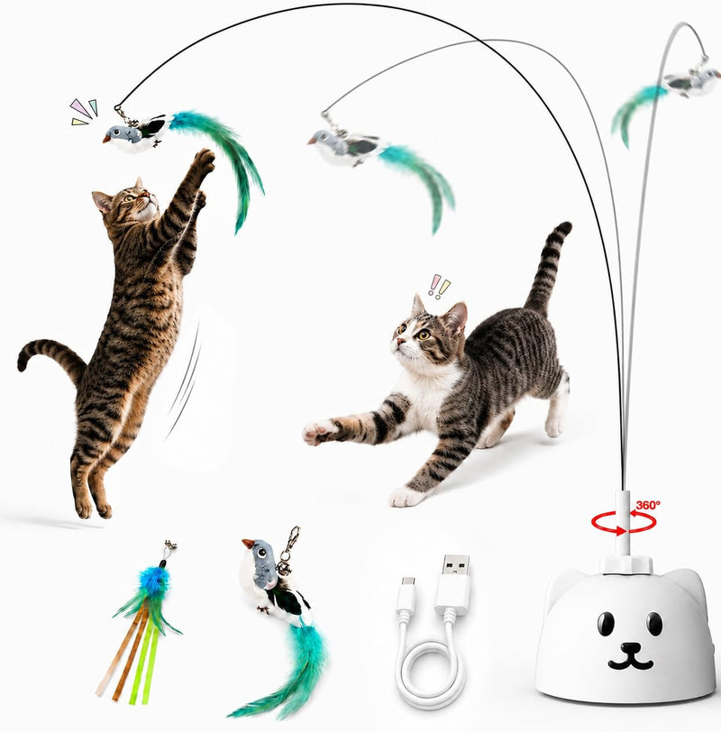 Interactive Cat Toys for Indoor Cats: Upgraded 360° Automatic Spin Flying Bird Feather Wand with Silicone Protected Rod Safe Play, Strong 8cm Suction Cup, USB-Rechargeable for Bored Kittens and Adult